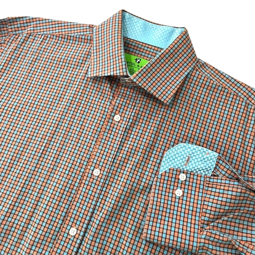 Bristol & Bull Mens Shirt L 16-16.5 Orange Blue Plaid Contrast‎ Flip Cuff Cotton